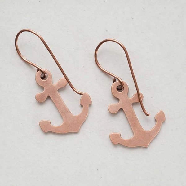 Minimalist Anchor Copper Earrings, Nautical Handmade Jewelry, Patinated, Matching Set