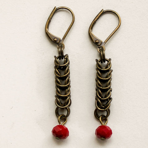 Brass Chain maille Earrings with Red Crystal