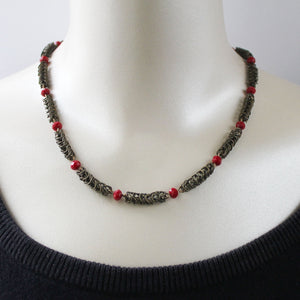 Brass Chain-Maille Necklace with Red Crystal
