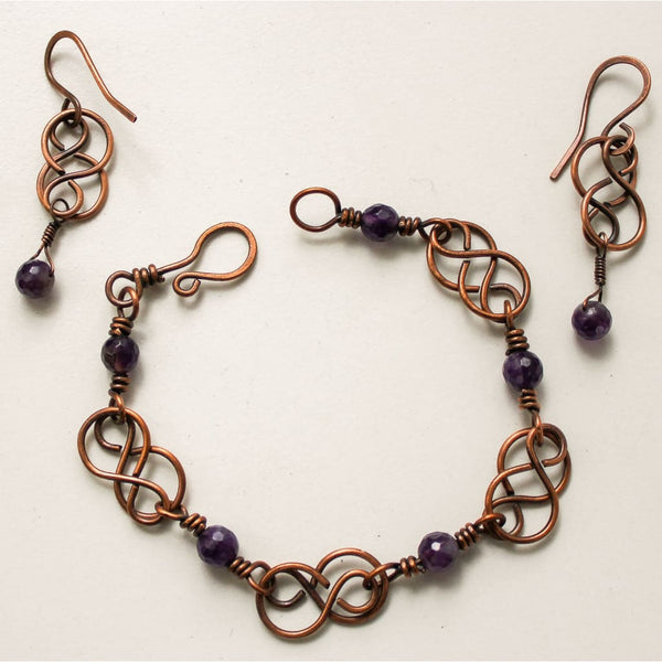 Celtic Amethyst Copper Bracelet  & Earrings Set