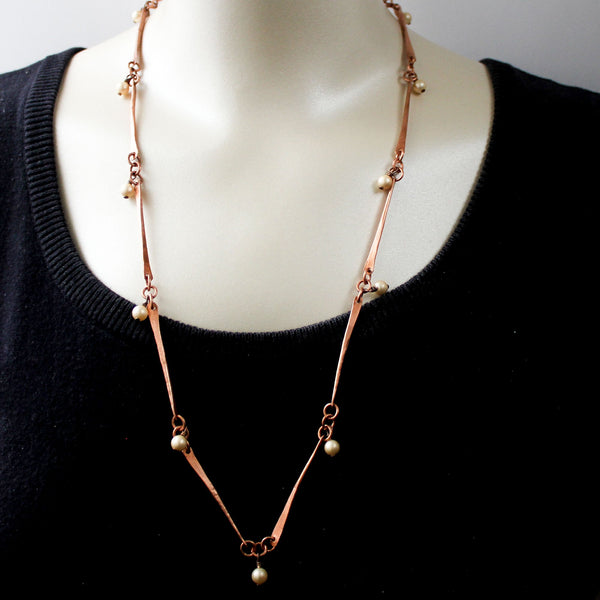 Long Copper Pearl Necklace