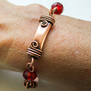 Faceted Red Crystal Copper Bracelet - Adjustable