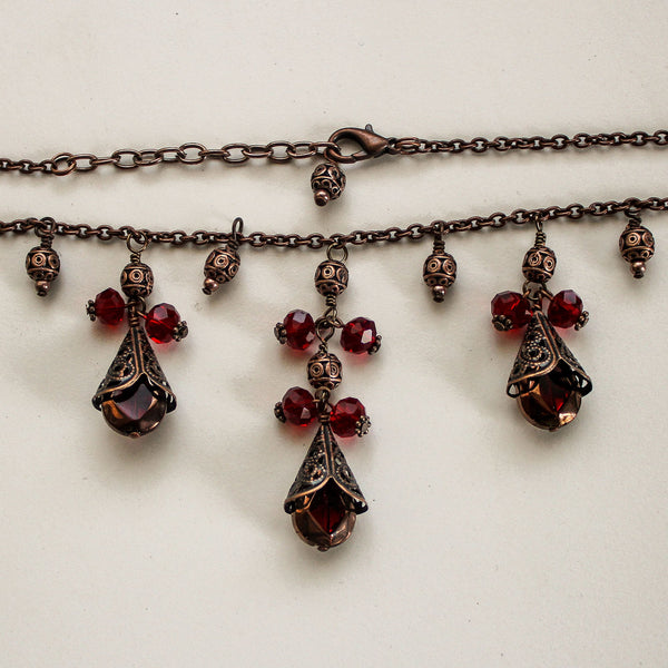Red Crystal Antique Copper Necklace - Adjustable