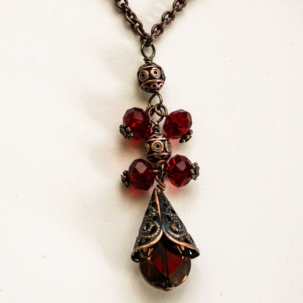 Red Crystal Antique Copper Necklace - Adjustable