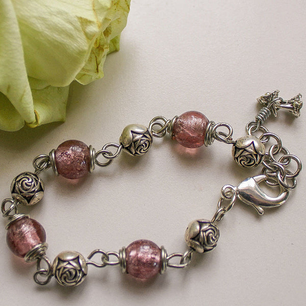 Romantic Pink Glass Silver Bracelet - Adjustable