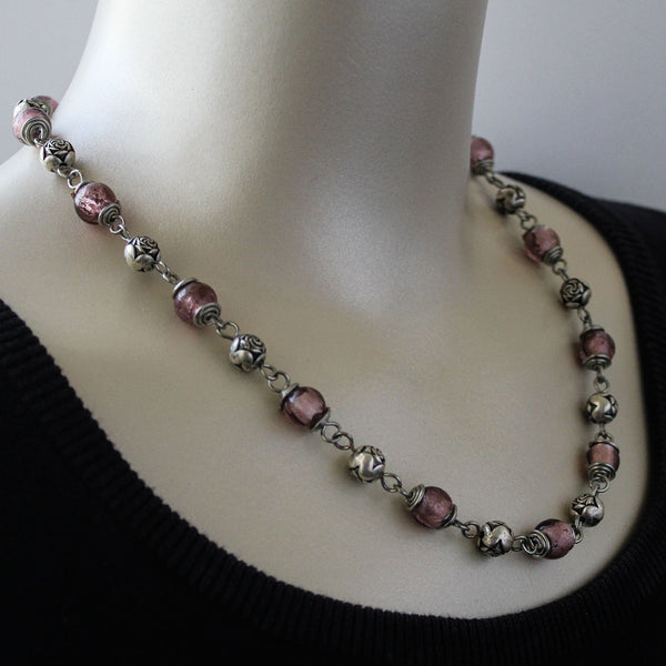 Romantic Pink Glass Silver Necklace - Adjustable