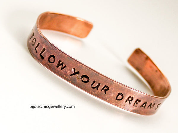 Unisex Quote Copper Cuff Bracelet (Follow Your Dreams) - Adjustable
