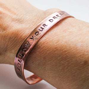 Unisex Quote Copper Cuff Bracelet (Follow Your Dreams) - Adjustable