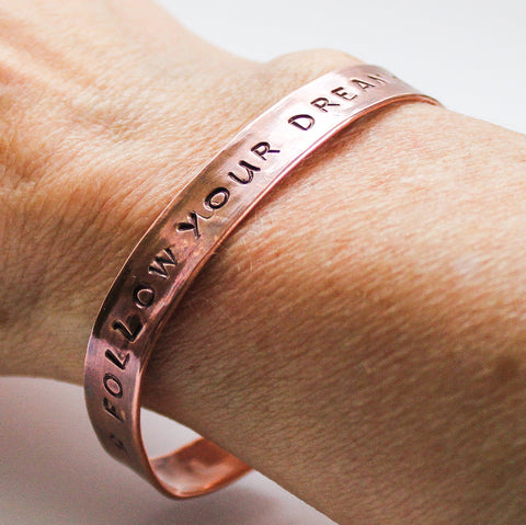 Quote Copper Cuff Bracelet (Follow Your Dreams) - Adjustable (UNISEX)